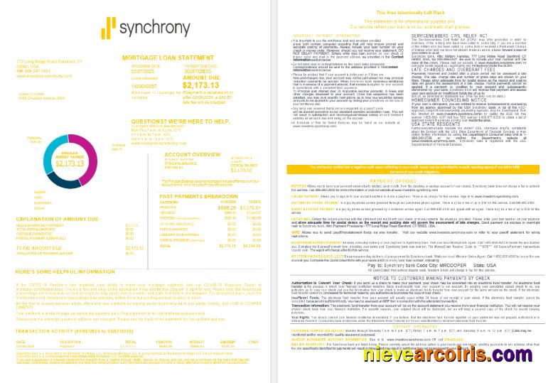 USA Synchrony Bank mortgage loan statement, 4 pages 1-2